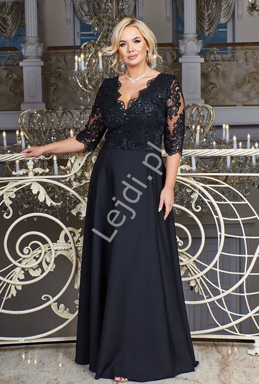  Czarna sukienka plus size z koronkową górą z cekinami - Crystal