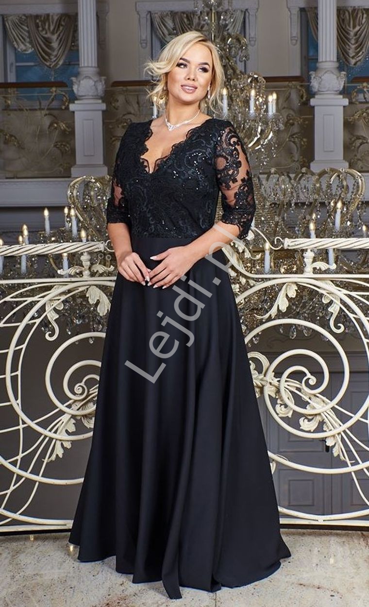  Czarna sukienka plus size z koronkową górą z cekinami - Crystal