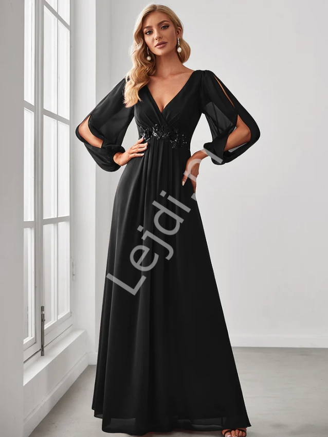 Czarna sukienka wieczorowa z rozcięciem na rękawie 0461