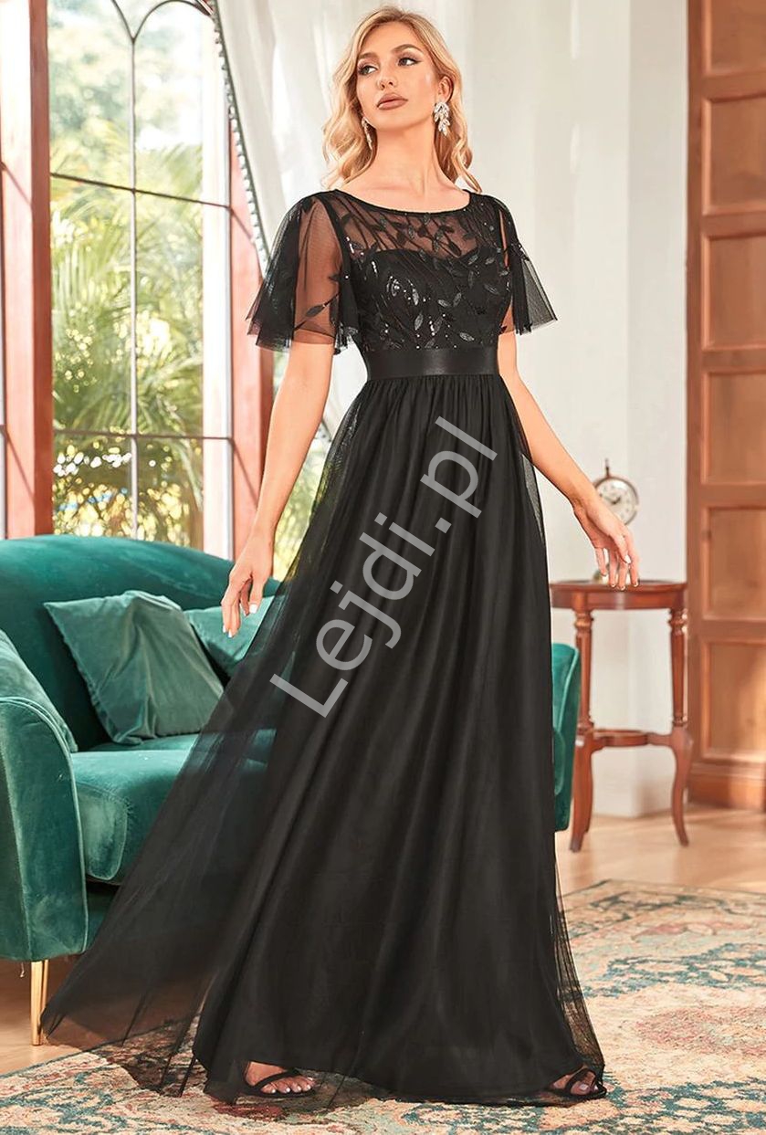 Czarna sukienka wieczorowa z tiulem z haftowanymi listkami z cekinami