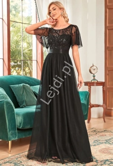 Czarna sukienka wieczorowa z tiulem z haftowanymi listkami z cekinami