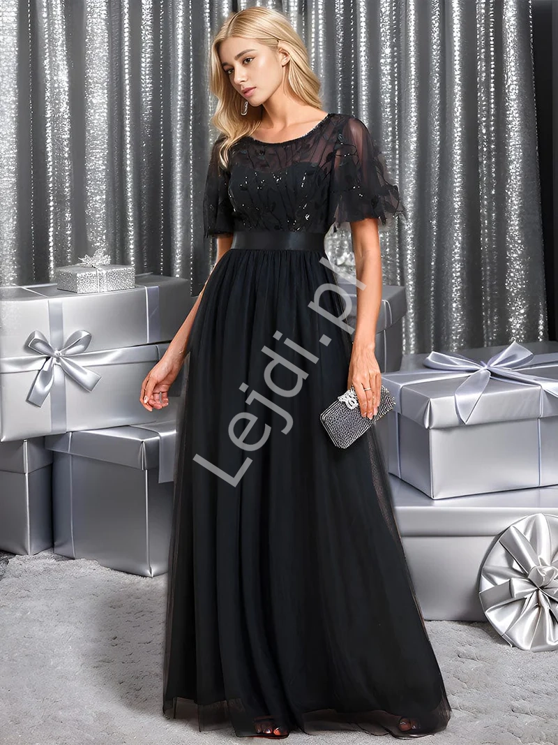 Czarna sukienka wieczorowa z tiulem z haftowanymi listkami z cekinami 0904