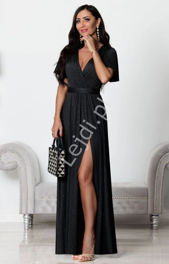 Czarna suknia maxi wieczorowa z rękawkami typu motylek Bella