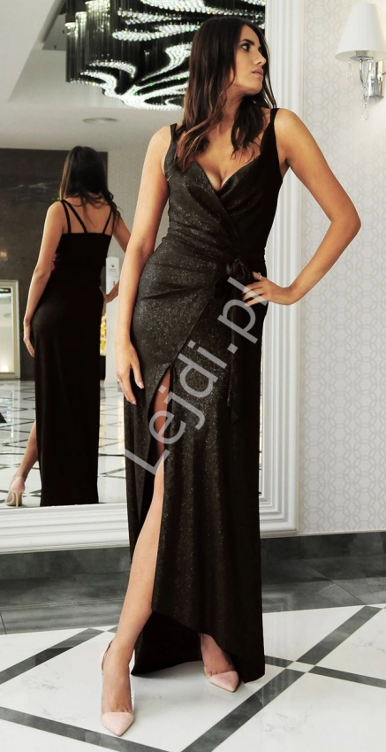 Czarna suknia wieczorowa z błyszczącym brokatem, m438