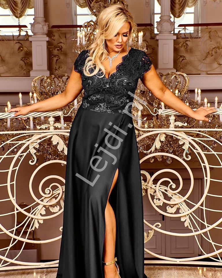 Czarna wieczorowa sukienka z rozcięciem ukazującym nogę Crystal 2