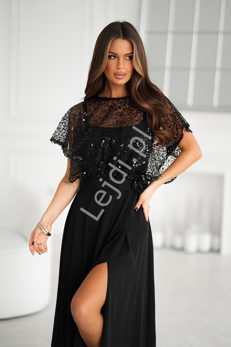 Czarna wyszczuplająca suknia + bolerko z cekinami i kwiatem w pasie 2w1 , sukienka wieczorowa r.34 - r.48 HB333