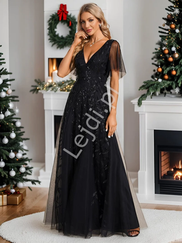 Czarna zdobiona suknia wieczorowa z haftami listkami z cekinów,  0734