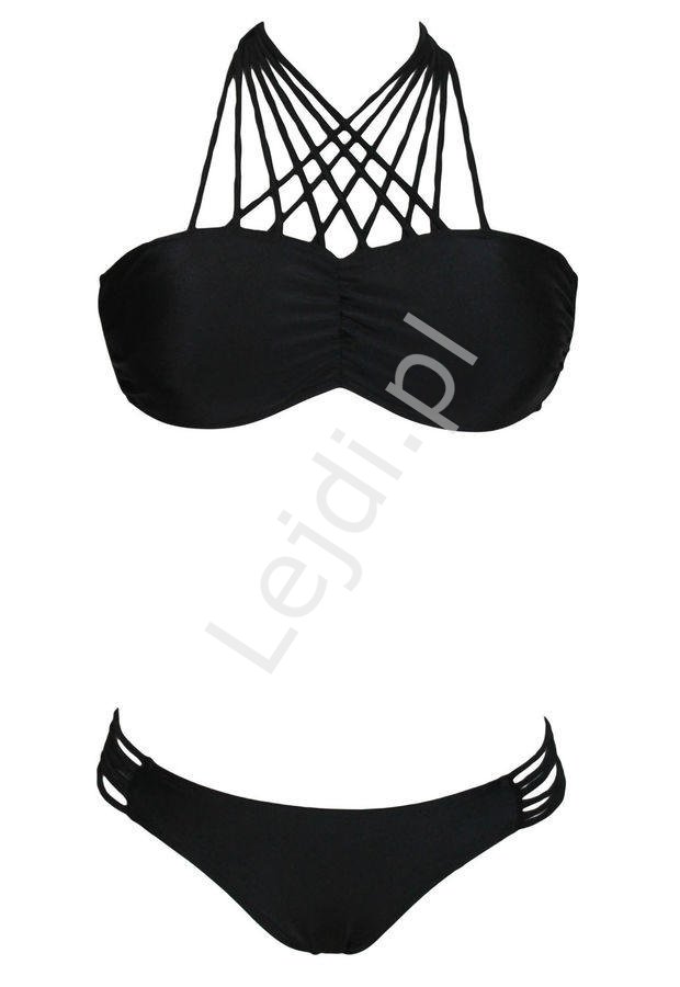 Czarne bikini z paseczkami, dwu częściowy strój z paseczkami