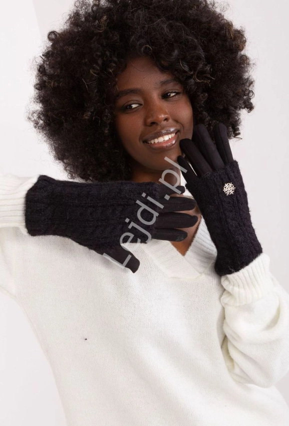 Czarne rękawiczki i ocieplacze damskie, zimowe rękawiczki 2w1, 1405