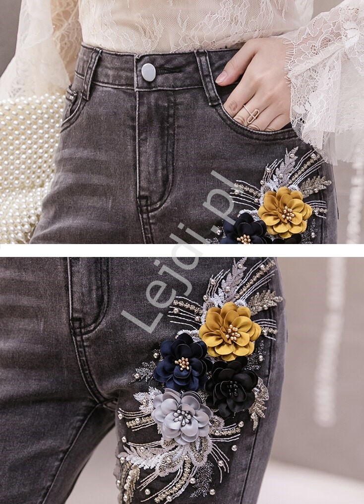 Czarne spodnie jeansowe bogato zdobione kwiatami 3D - 090