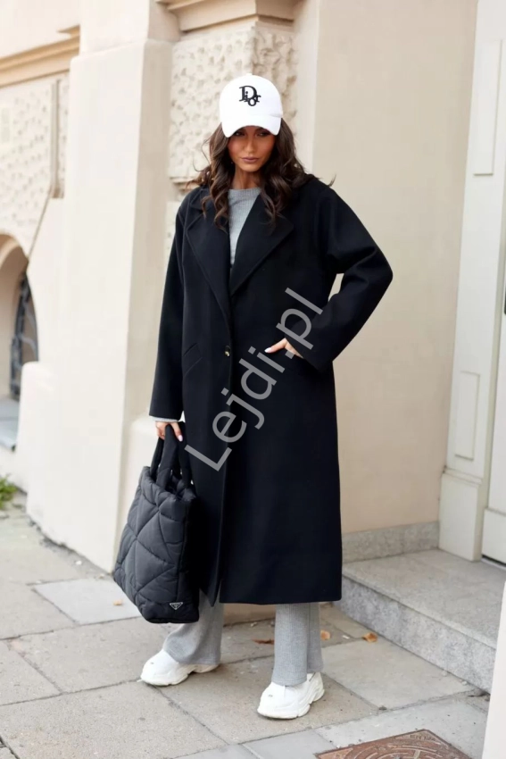 Czarny płaszcz Talisman oversize z flauszu z kieszeniami, modny płaszcz damski 0036