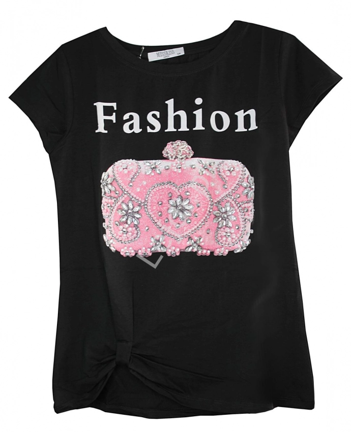Czarny T-shirt damski z napisem Fashion i zdobioną kryształkami torebką