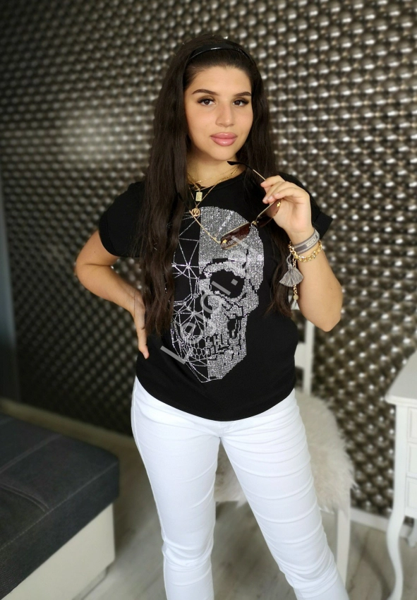 Czarny t-shirt skull z kryształkami, bawełniana koszulka z czaszką kryształkową