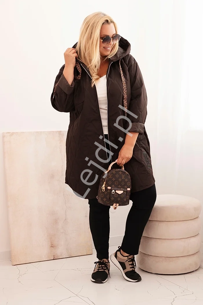 Czekoladowa kurtka damska pikowana Plus Size z napisem HOPE Best Version Of You