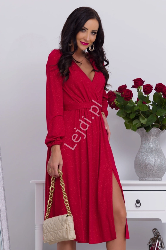 Czerwona brokatowa sukienka Plus Size z długim rękawem, wyszczuplająca sukienka Midi Salma