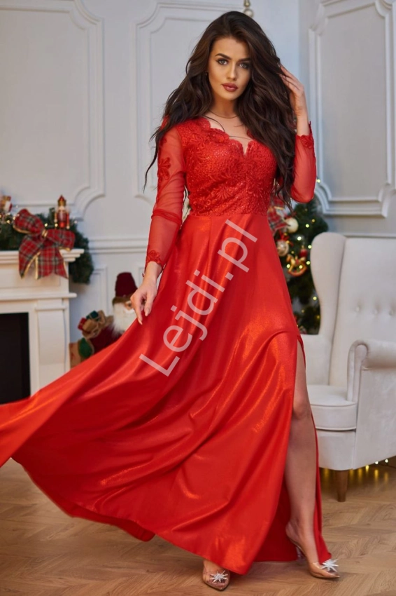 Czerwona brokatowa sukienka wieczorowa - Carmen long 