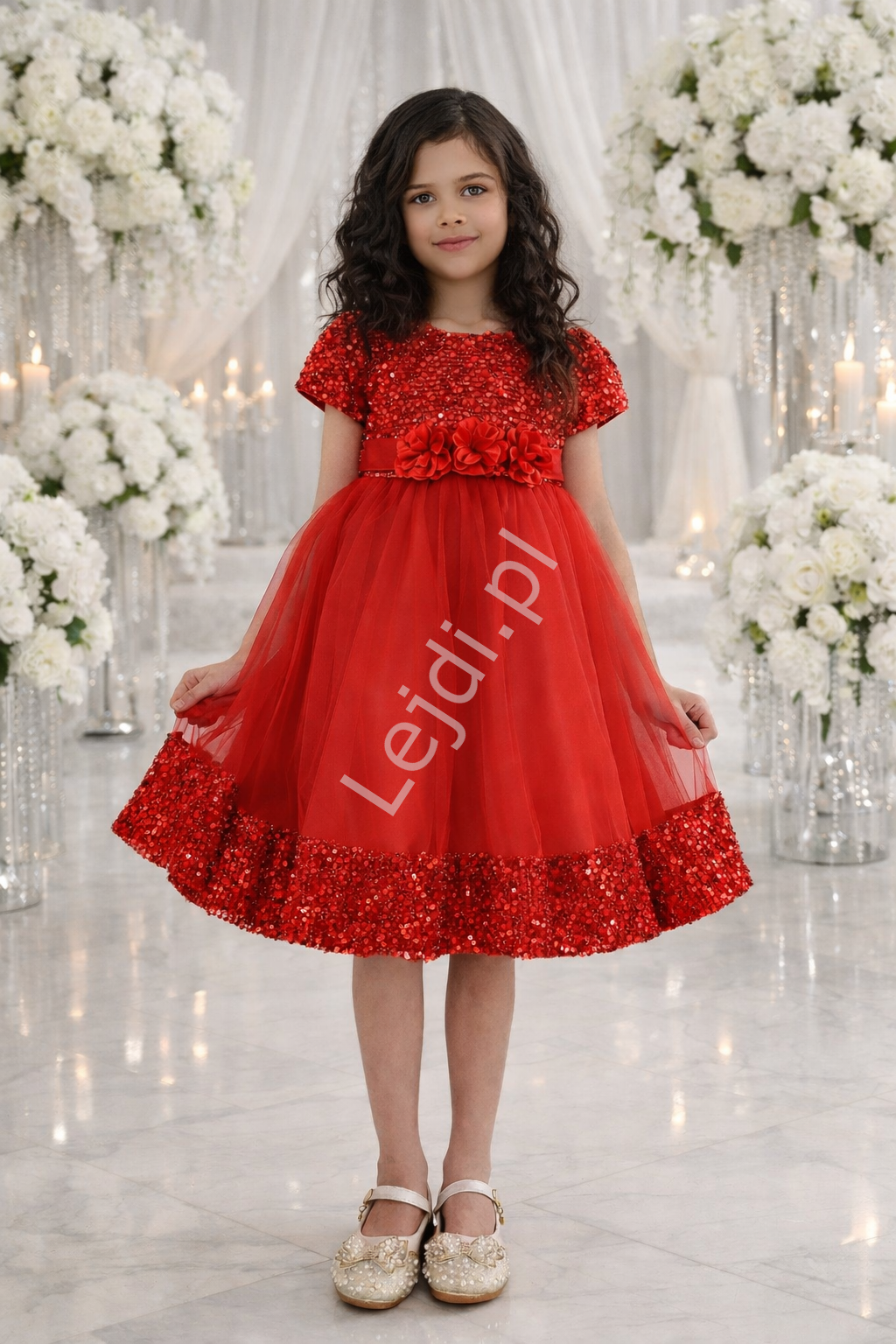 Czerwona krótka sukienka wieczorowa dla dziewczynki z cekinami i kwiatkami święta, Boże Narodzenie153