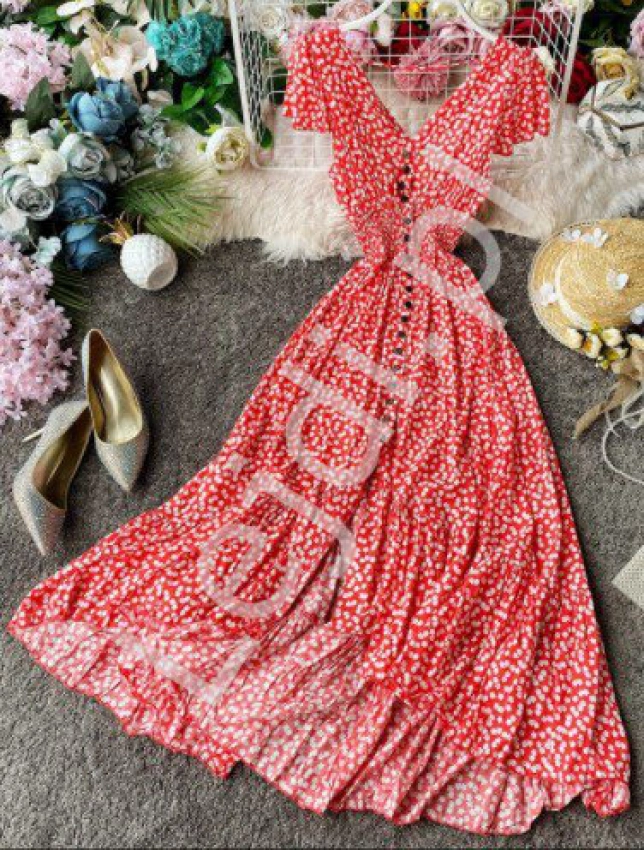 Czerwona kwiatowa sukienka letnia w romantycznym stylu 3724