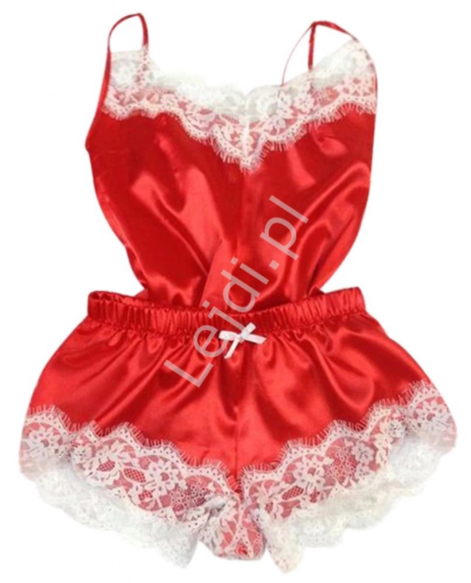 Czerwona satynowa piżama z białą koronką, satynowa piżamka na Mikołajki 3440