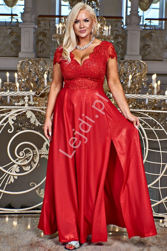 Czerwona sukienka brokatowa z koronką o wyszczuplającym kroju, Carmen krótki rękaw