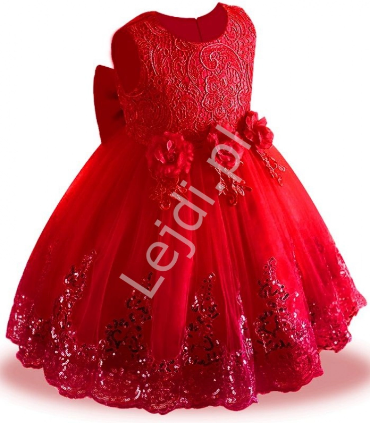 Czerwona sukienka dla dziewczynki tiulowa, zdobiona błyszczącymi cekinami 