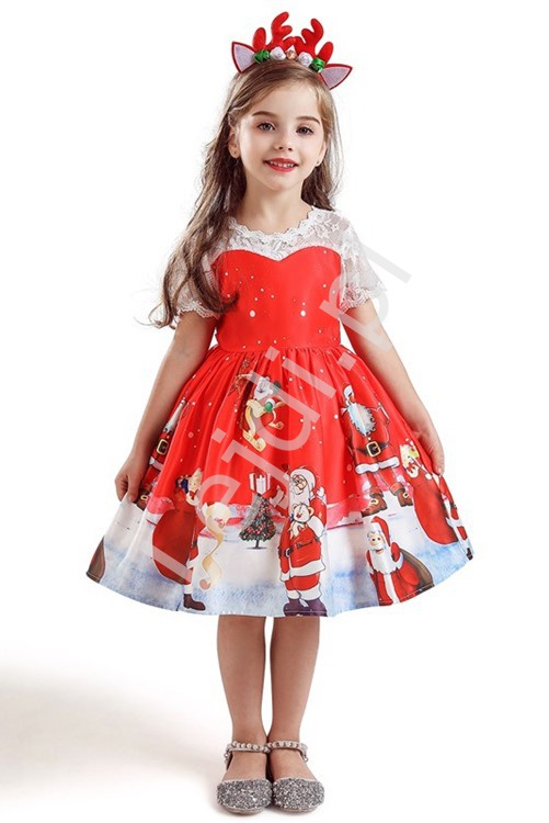 Czerwona sukienka dla dziewczynki z Mikołajami, Świąteczna sukienka dziecięca 41G - Lejdi