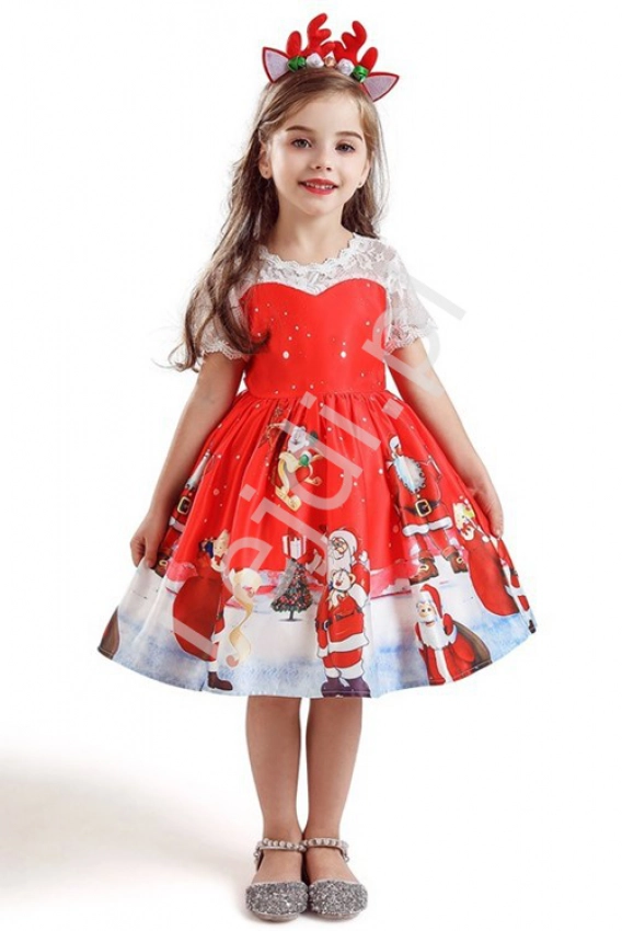 Czerwona sukienka dla dziewczynki z Mikołajami, Świąteczna sukienka dziecięca 41G