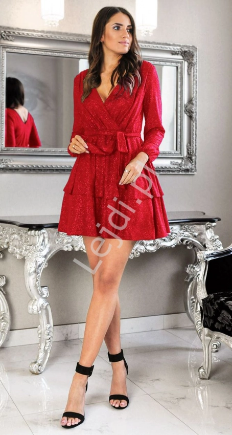 Czerwona sukienka rozkloszowana z brokatowego materiału, wieczorowa sukienka rozmiary od 34 do 52, m430