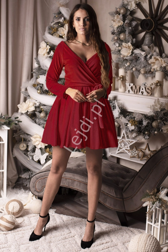 Czerwona sukienka welurowa z rozkloszowaną spódnicą z krynoliną, rozmiary od 34 do 52, m439