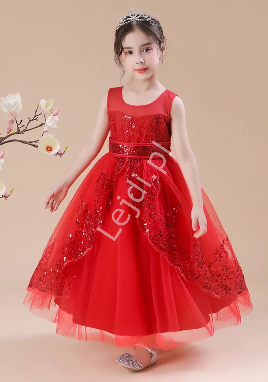 Czerwona sukienka wieczorowa z cekinami, długa sukienka dla dziewczynki 