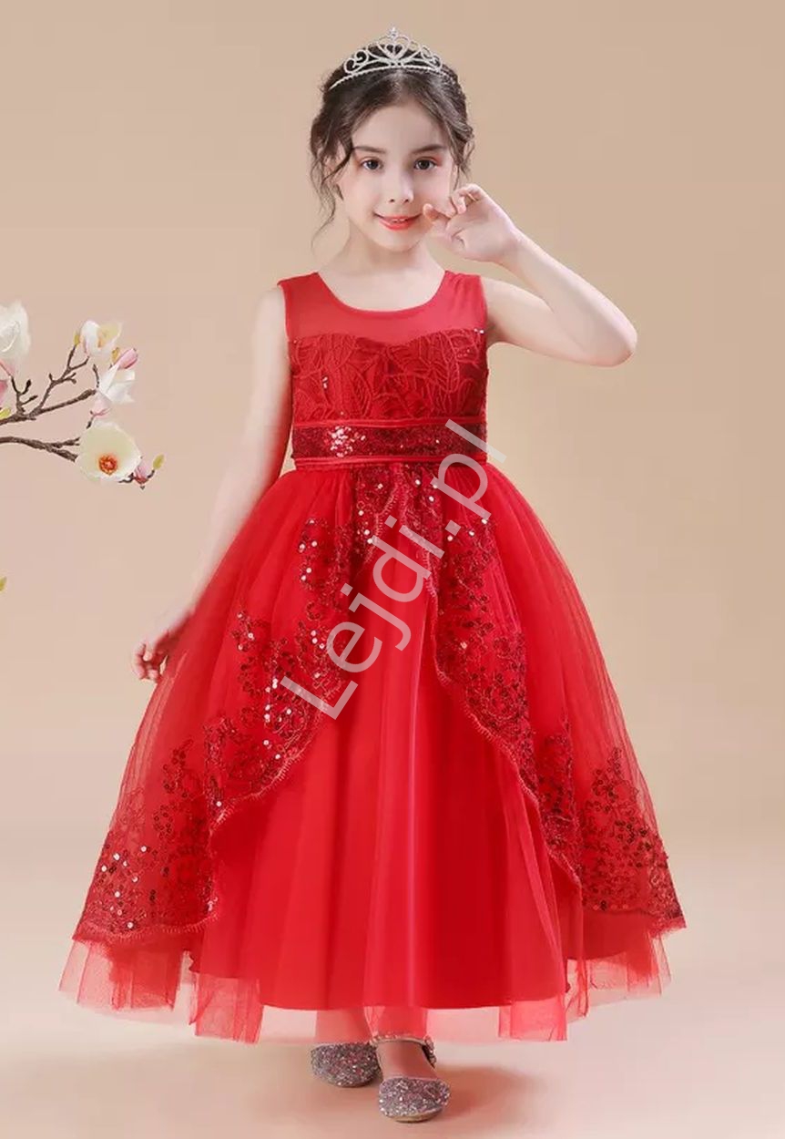 Czerwona sukienka wieczorowa z cekinami, długa sukienka dla dziewczynki A11