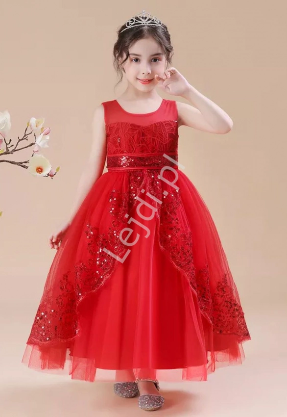 Czerwona sukienka wieczorowa z cekinami, długa sukienka dla dziewczynki A11
