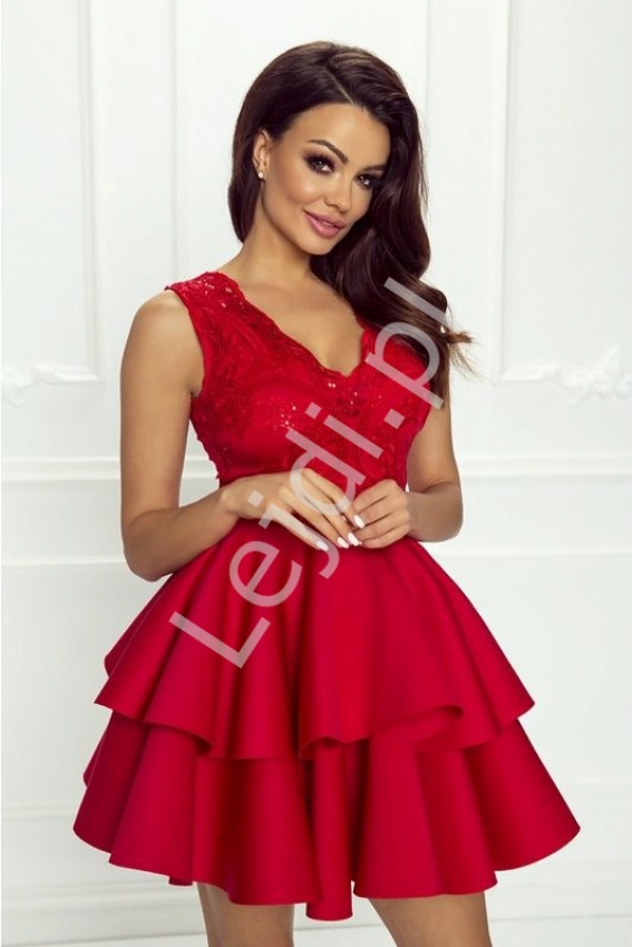 Czerwona sukienka z piankową spódnicą z falbanami - Emma