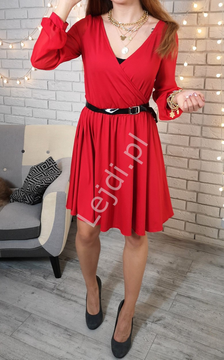 Czerwona sukienka z szyfonowym rękawem 1191