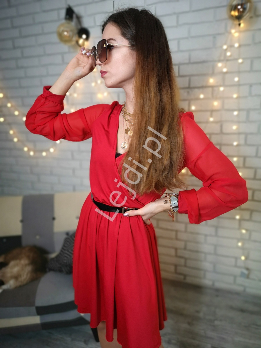 Czerwona sukienka z szyfonowym rękawem 1191