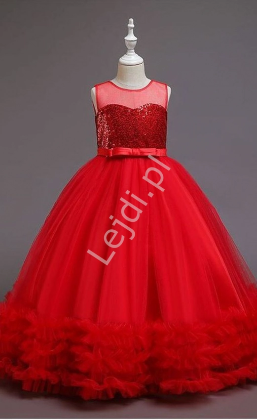 Czerwona suknia dziecięca na wesele, dla małej druhny, balowa suknia dla dziewczynki 8001