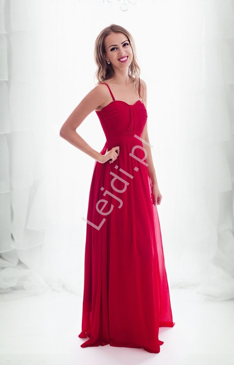 Czerwona suknia na studniówkę z drapowaniem na biuście na wesele,1321