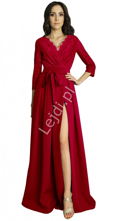 Czerwona suknia wieczorowa z koronkowym rękawem 3/4, m386