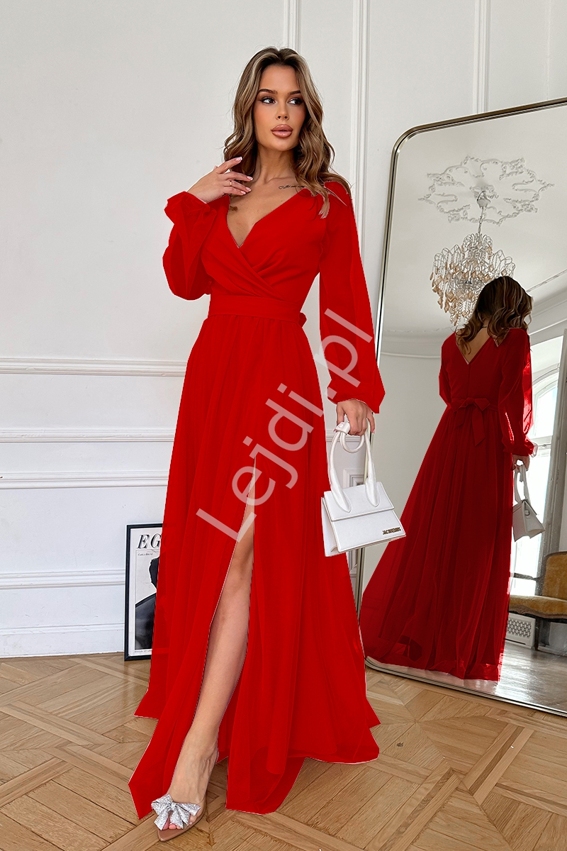 Czerwona suknia wieczorowa, zwiewna sukienka na wesele, na studiówkę, dla druhny HB302