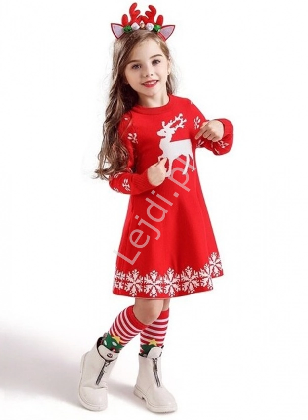 Czerwona świąteczna sukienka z reniferem 