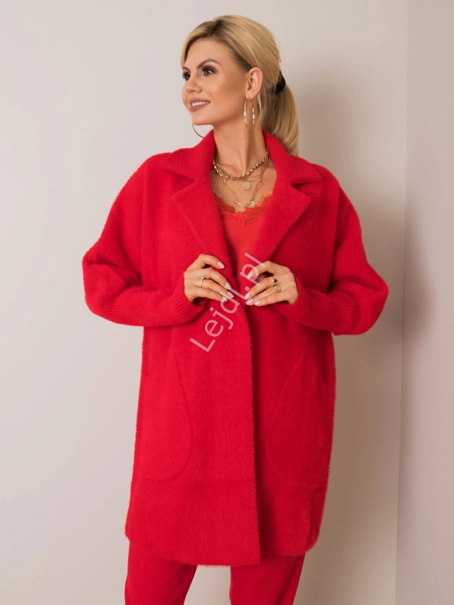 Czerwony ciepły płaszcz Alpaka - narzutka wełna z angorą