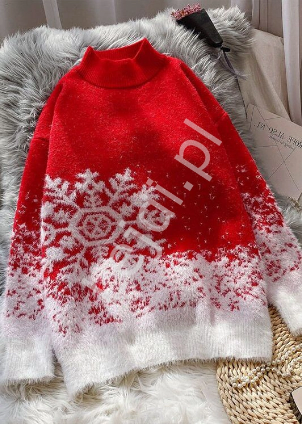 Świąteczny sweter w zimowym stylu, czerwony zdobiony białą śnieżynką 3531