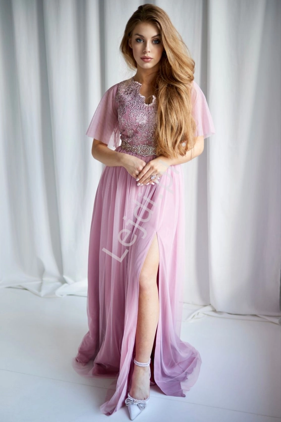 Długa brudno różowa sukienka rękaw motylek dla druhny, na wesele  Kendall