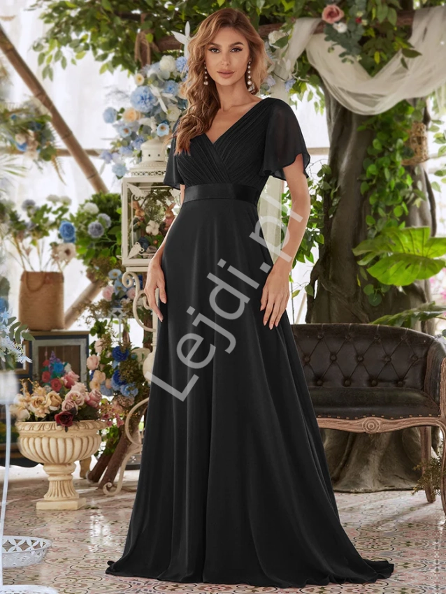 Długa czarna sukienka na wesele kopertowa 890 r.34 -r.52