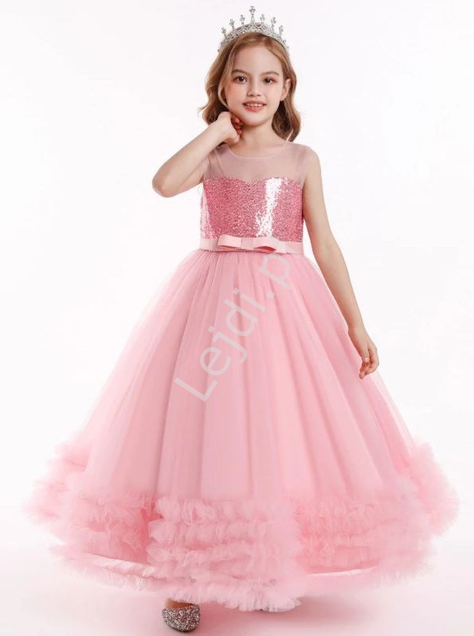 Długa dziecięca suknia na wesele, na bal w różowym kolorze 271