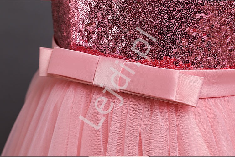 Długa dziecięca suknia na wesele, na bal w różowym kolorze 8001