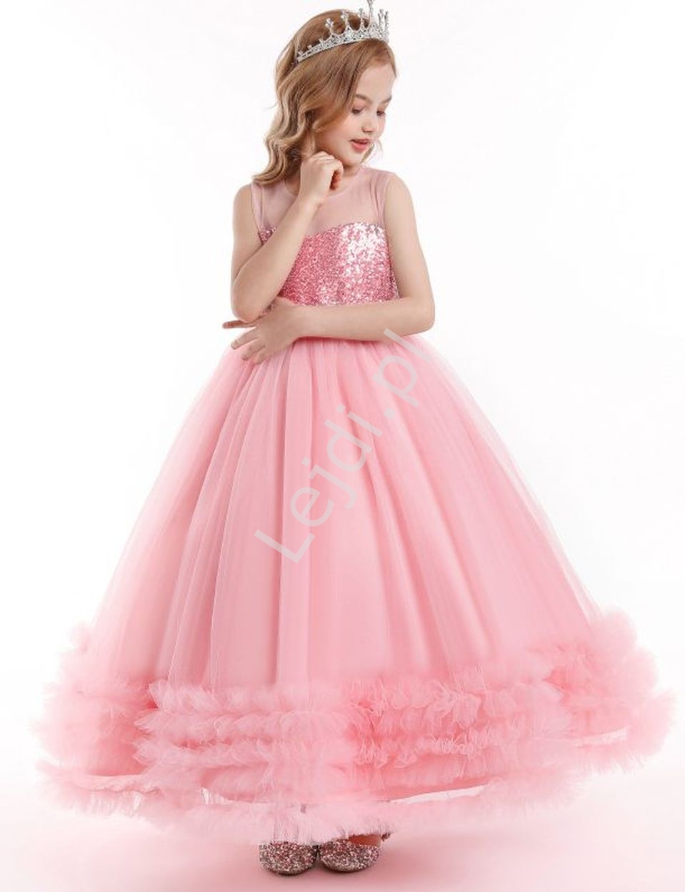 Długa dziecięca suknia na wesele, na bal w różowym kolorze 271