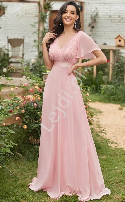 Długa sukienka na wesele kopertowa jasny róż 890 r.34 -r.52