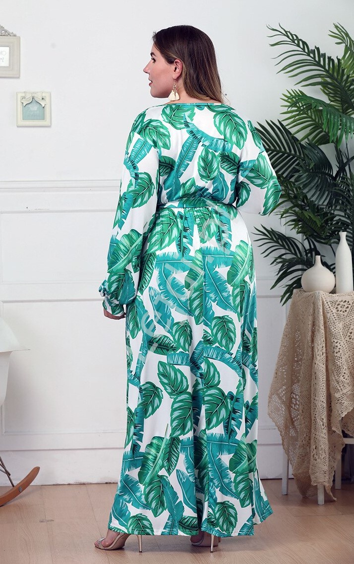 Długa sukienka plus size w zielone liście