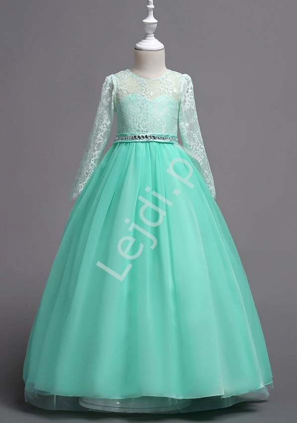 Długa suknia balowa dla dziewczynki w kolorze miętowym 023